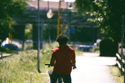 Rear view of man sitting on bicycle