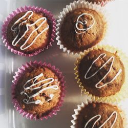 High angle view of cupcakes on table