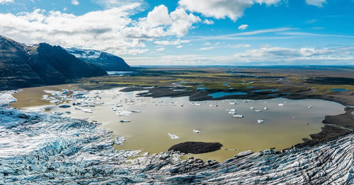 Aerial panoramic view of the skaftafell glacier, iceland