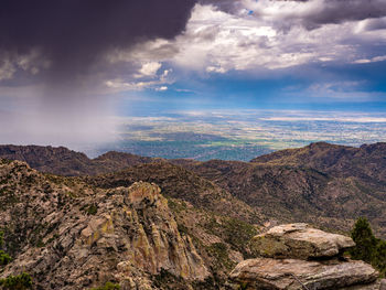 Scenic view of mountains against cloudy sky