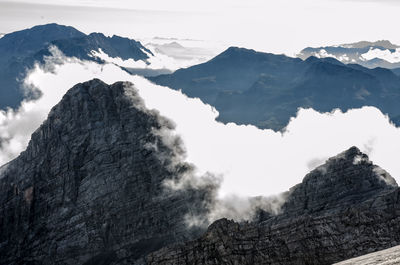 Scenic view of mountains against cloudy sky