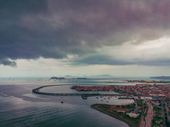 Aerial view of city against cloudy sky