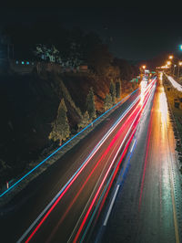 Light trails on road at night