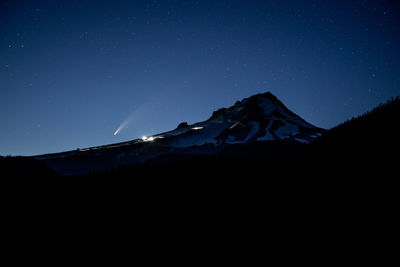 Scenic view of snowcapped mountains against sky at night