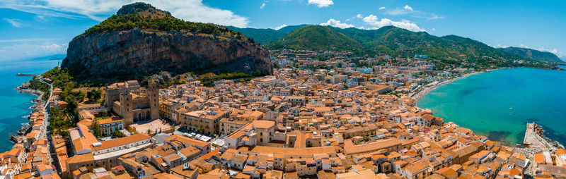 Aerial scenic view of the cefalu, medieval village of sicily island