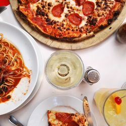 High angle view of pizza in plate on table