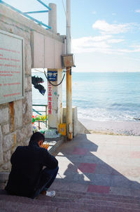 Rear view of man sitting at beach against sky