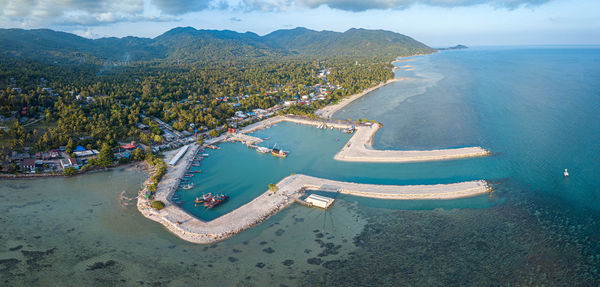 High angle view of bay against sky