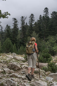 Rear view of mature woman with backpack walking on rocks in forest