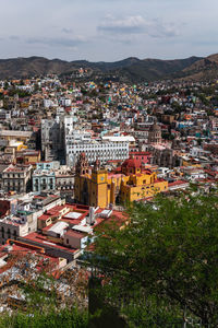 High angle shot of townscape against sky