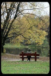People relaxing on bench at lakeshore