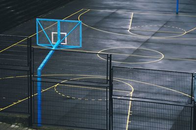 High angle view of basketball court at night