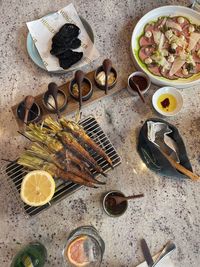 High angle view of food on table