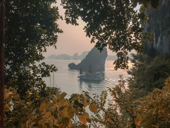 Scenic view of lake by trees against sky