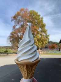 Close-up of ice cream cone against trees