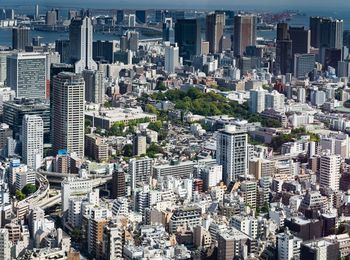 High angle view of modern buildings in city