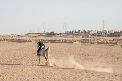 Woman riding horse on desert against clear sky