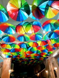 Low angle view of multi colored umbrellas hanging on ceiling