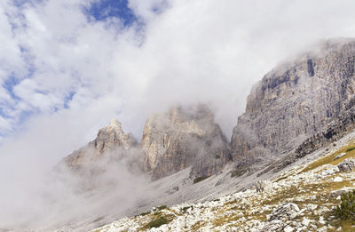 Panoramic view of volcanic landscape against sky