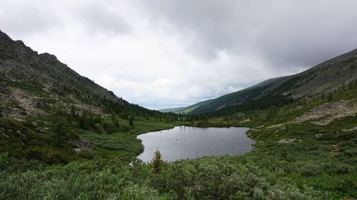 Scenic view of lake and mountains against sky