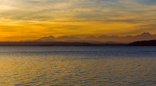 Olympic mountain range across the puget sound at sunset.