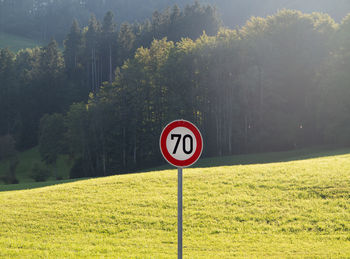 Road sign on field