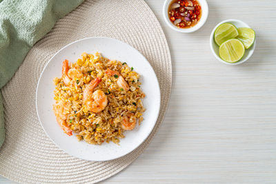 High angle view of food in plate on table