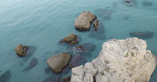 High angle view of rock formation in sea