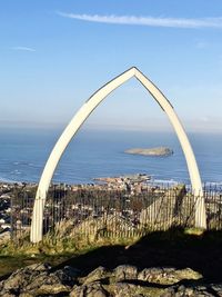 Whale jaw bone arch on top of the hill overlooking the sea