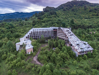 High angle view of trees on mountain against sky