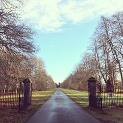 Road amidst bare trees against sky