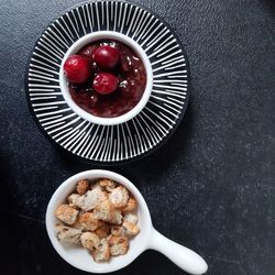 High angle view of breakfast served on table