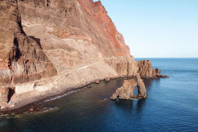 Rock formations in sea against clear sky