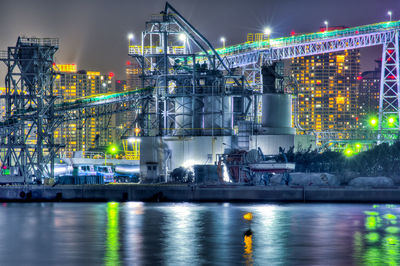Illuminated factory by river at night