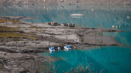 High angle view of boats in sea