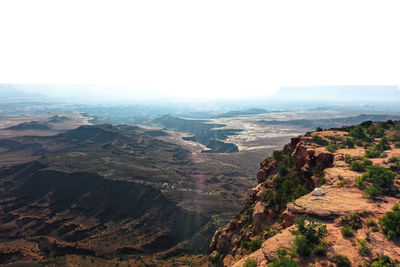 High angle view of dramatic landscape against clear sky
