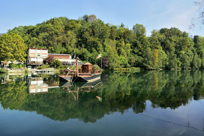 Reflection of trees in lake against sky