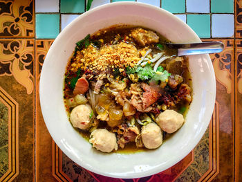 High angle view of meal served on table