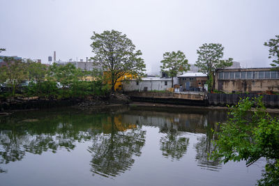 Reflection of trees and building in lake against clear sky