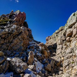 Low angle view of rocks against clear blue sky