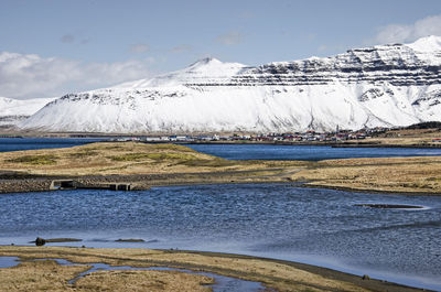 View towards the town along the north coast of the snaefellsnes peninsula