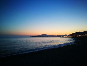 Scenic view of sea against clear sky at sunset