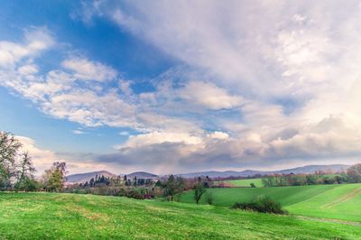 Scenic view of grassy field against cloudy sky