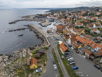 Aerial photo of allinge harbour and town, bornholm, denmark
