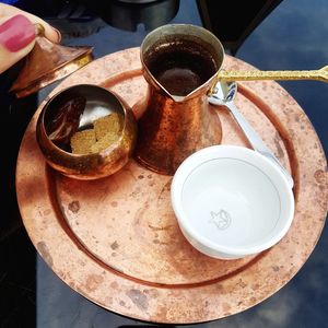 High angle view of coffee cup on table