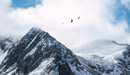 Majestic panoramic scenery of rough rocky slopes of pyrenees mountain range covered with snow under cloudy sky in el pas de la casa