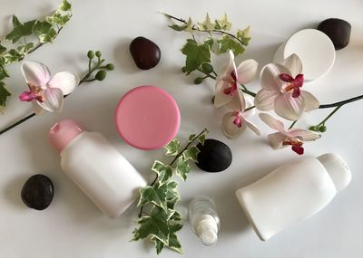 High angle view of white roses on table