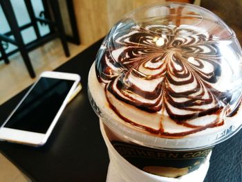 High angle view of dessert on table