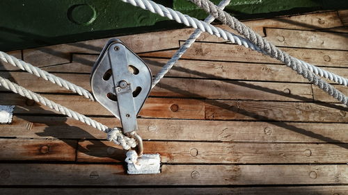 High angle close-up of pulley on boat
