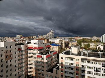 Buildings in city against dramatic sky